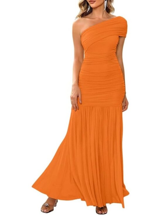 Dresses & Skirts - Women's Orange Elegant Formal ONE Shoulder Sleeveless Bodycon Maxi Long Dress